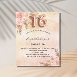 Budget Sweet 16 pampas gras gouduitnodiging roos<br><div class="desc">Een roos gouden,  wazige roze roze faux metallische achtergrond. Gedecormeerd met roos goud en roze floralen,  rozen,  pamapgras. Pas een naam en partijdetails aan en voeg deze toe. Nummer 16 wordt geschreven met een ballonstijllettertype.</div>