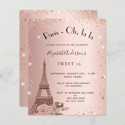 Budget Sweet 16 Paris roos Gold-uitnodiging (Voorkant / Achterkant)