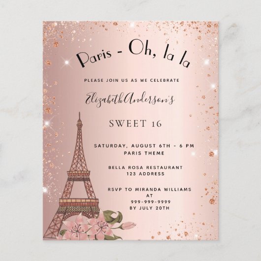 Budget Sweet 16 Paris roos Gold-uitnodiging (Voorkant)