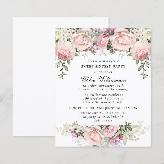 Budget Sweet 16 Party Blush Pink Floral Invitation (Voorkant / Achterkant)