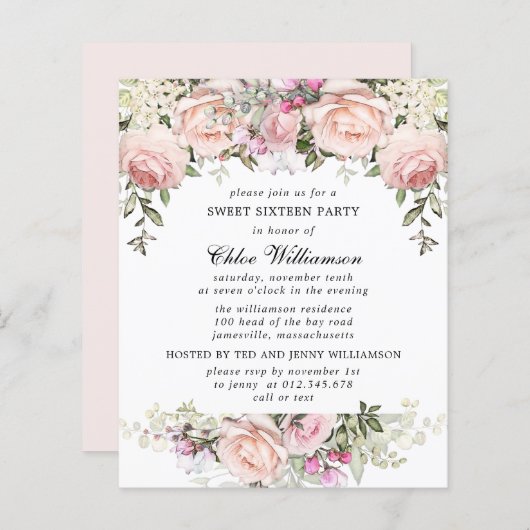 Budget Sweet 16 Party Blush Pink Floral Invitation (Voorkant / Achterkant)