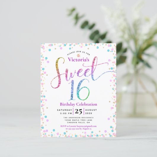 Budget Sweet 16 Rainbow Glitter Confetti Invite (Staand voorkant)