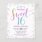Budget Sweet 16 Rainbow Glitter Confetti Invite (Voorkant)