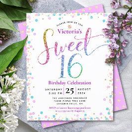 Budget Sweet 16 Rainbow Glitter Confetti Invite