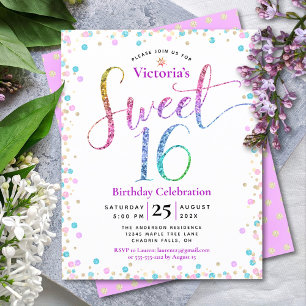 Budget Sweet 16 Rainbow Glitter Confetti Invite