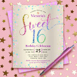 Budget Sweet 16 Rainbow Glitter Gold Invitation<br><div class="desc">"Happy Sweet 16". Verstuur deze verbluffende, dunne, dunne, feestelijke, moderne, gepersonaliseerde uitnodiging van een aangepaste budgetpartij voor een evenement dat u zich herinnert. Rainbow glitter scripttypografie, samen met feestturquoise, paarse roze en goudconfetti, bedekt een metalen achtergrond van champagne gouden folie. Een gouden glitterstip patroon is boven lavender paars op de...</div>