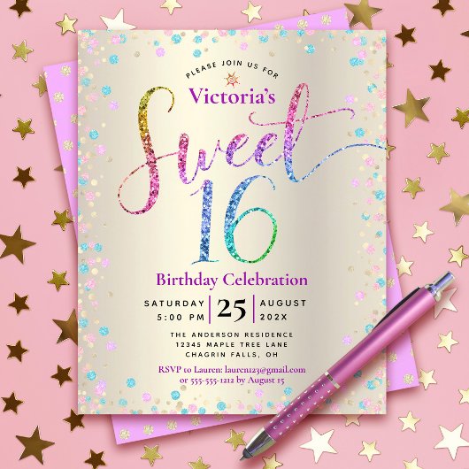 Budget Sweet 16 Rainbow Glitter Gold Invitation
