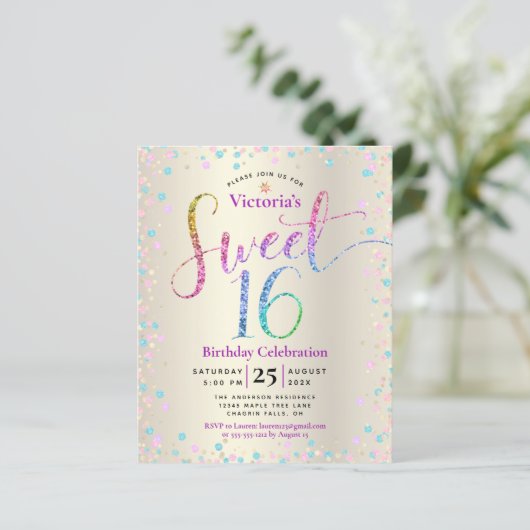 Budget Sweet 16 Rainbow Glitter Gold Invitation (Staand voorkant)