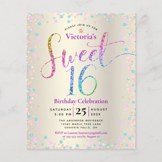 Budget Sweet 16 Rainbow Glitter Gold Invitation (Voorkant)