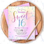 Budget Sweet 16 Rainbow Glitter Ombre Uitnodiging<br><div class="desc">"Happy Sweet 16". Verstuur deze verbluffende, dunne, dunne, feestelijke, moderne, gepersonaliseerde uitnodiging van een aangepaste budgetpartij voor een evenement dat u zich herinnert. Rainbow glitter script typografie, samen met feestturquoise, paarse roze en goudconfetti, bedekt een regenboogombre folie metallic achtergrond. Een gouden glitterstip patroon is boven lavender paars op de rug....</div>