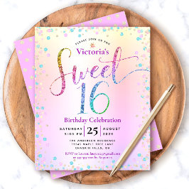 Budget Sweet 16 Rainbow Glitter Ombre Uitnodiging