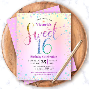 Budget Sweet 16 Rainbow Glitter Ombre Uitnodiging