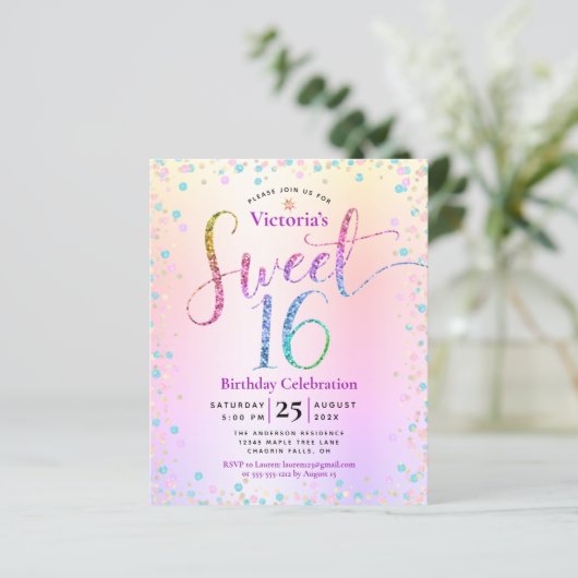 Budget Sweet 16 Rainbow Glitter Ombre Uitnodiging (Staand voorkant)