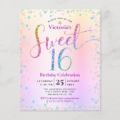Budget Sweet 16 Rainbow Glitter Ombre Uitnodiging (Voorkant)