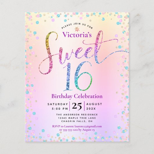 Budget Sweet 16 Rainbow Glitter Ombre Uitnodiging (Voorkant)