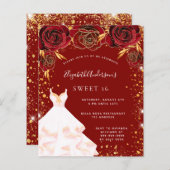 Budget Sweet 16 rood gouden witte jurk uitnodiging (Voorkant / Achterkant)