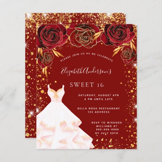 Budget Sweet 16 rood gouden witte jurk uitnodiging (Voorkant / Achterkant)