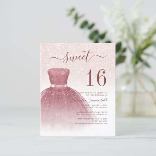 Budget Sweet 16 Roos Gold Glitter Drips Script (Staand voorkant)