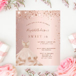 Budget Sweet 16 roos gouden jurk uitnodiging<br><div class="desc">Een moderne,  stijlvolle en glamoureuze uitnodiging voor een Sweet 16,  16th verjaardagsfeestje. Een rozen gouden achtergrond met faux sparkles en een rozen gouden jurk. De naam is geschreven met een modern donker roos goudkleurig handschrift. Personaliseer en voeg uw feestdetails toe.</div>