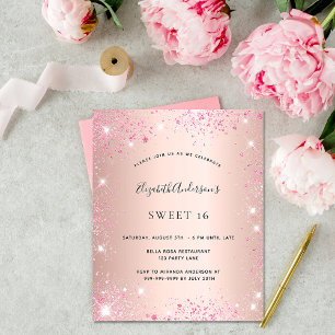 Budget Sweet 16 roos gouden roze glitter-uitnodigi