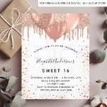 Budget Sweet 16 roos goudglitterstof uitnodiging<br><div class="desc">Voor een elegant Sweet 16,  16e verjaardag. Een witte achtergrond. Gedecorreerd met roos goud,  faux glitter druppels,  verfdruppelende blik en ballonnen. Geef een persoonlijke naam,  leeftijd en partijgegevens op en voeg deze toe. De naam wordt geschreven met een handgeschreven stijlmanuscript</div>