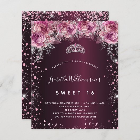 Budget Sweet 16 roze bruine glitter floral tiara (Voorkant / Achterkant)