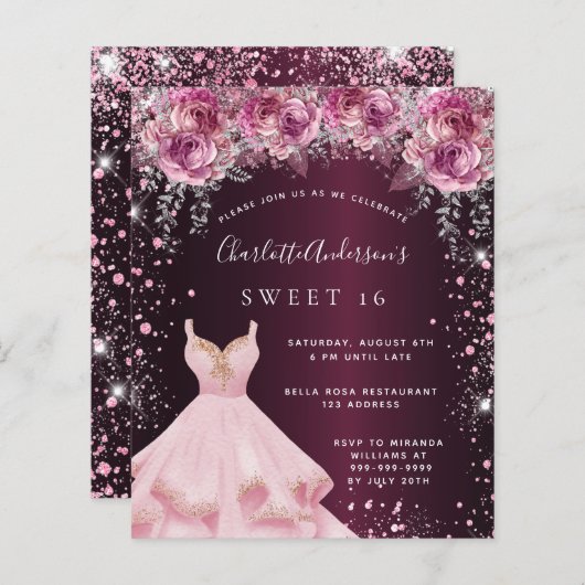 Budget Sweet 16 roze bruine glitter jurk floral (Voorkant / Achterkant)