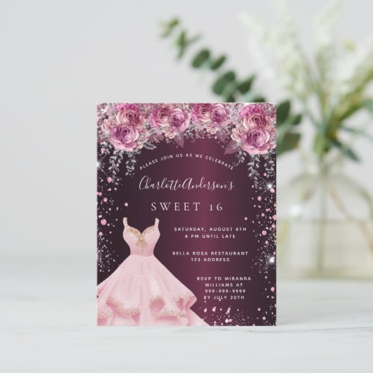 Budget Sweet 16 roze bruine glitter jurk floral (Staand voorkant)