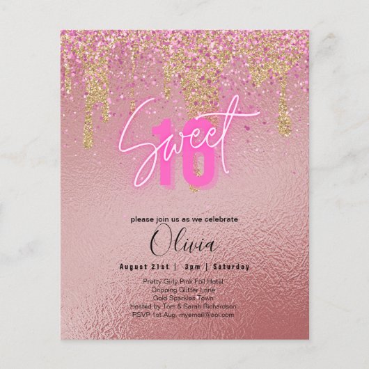 Budget Sweet 16 Roze Glitter Folie Girly Modern Fl Flyer (Voorkant)