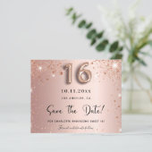 Budget sweet 16 roze gouden glitters save the date (Staand voorkant)