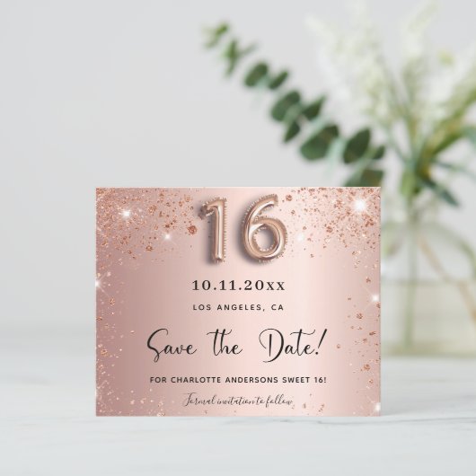 Budget sweet 16 roze gouden glitters save the date (Staand voorkant)