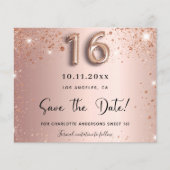 Budget sweet 16 roze gouden glitters save the date (Voorkant)