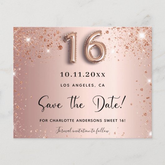 Budget sweet 16 roze gouden glitters save the date (Voorkant)