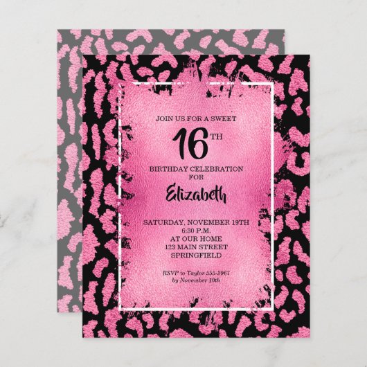 Budget Sweet 16 Roze Leopard Birthday Invites (Voorkant / Achterkant)
