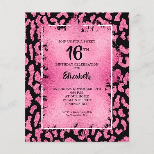 Budget Sweet 16 Roze Leopard Birthday Invites (Voorkant)