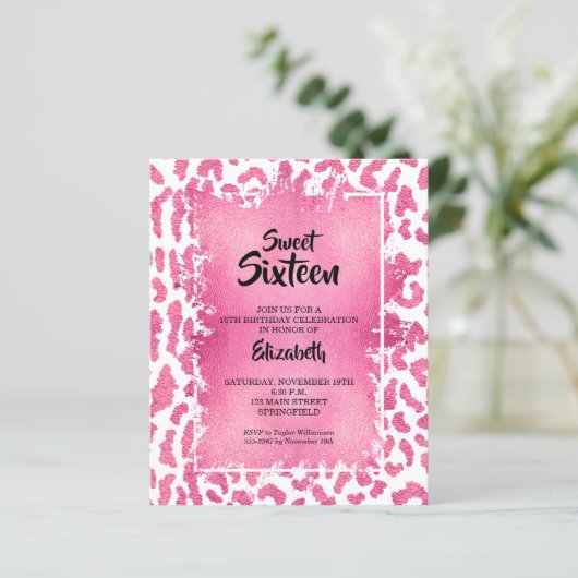 Budget Sweet 16 Roze Leopard Birthday Invites (Staand voorkant)