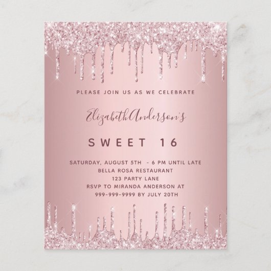 BUDGET Sweet 16 roze stoffige roos glitter verjaar (Voorkant)