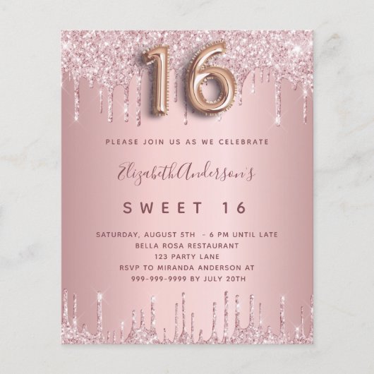 BUDGET Sweet 16 roze stoffige roos glitter verjaar (Voorkant)