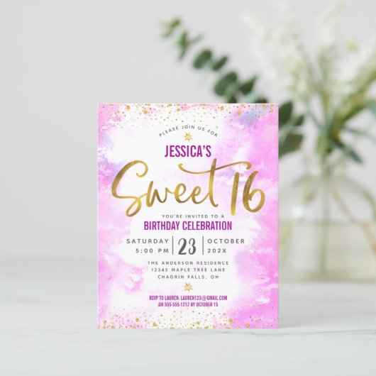 Budget Sweet 16 Roze Waterverf Gold Script Invite (Staand voorkant)