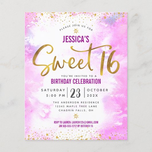 Budget Sweet 16 Roze Waterverf Gold Script Invite (Voorkant)