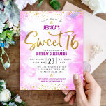 Budget Sweet 16 Roze Waterverf Gold Script Invite<br><div class="desc">"Happy Sweet 16". Verstuur deze verbluffende, dunne, dunne, feestelijke, moderne, gepersonaliseerde uitnodiging van een aangepaste budgetpartij voor een evenement dat u zich herinnert. De folie van de gouden faux en de zeer kleine confetti glitter stippen en de typografische manuscriptbekleding leggen een zacht roze achtergrond van de waterverf. Pas de douanetekst...</div>