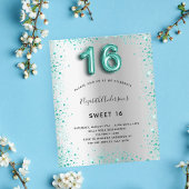 Budget Sweet 16 Silver blauwgroen glitter-uitnodig