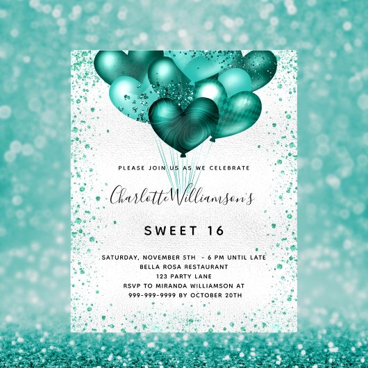 Budget Sweet 16 Silver blauwgroen glitter-uitnodig