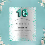 Budget Sweet 16 Silver blauwgroen glitter-uitnodig<br><div class="desc">Een moderne,  stijlvolle en glamoureuze uitnodiging voor het Sweet 16,  16e verjaardagsfeest van een meisje. Een faux zilverachtige achtergrond,  versierd met blauwgroen gekleurd glitterstof. Personaliseer en voeg jouw naam en partijdetails toe. Nummer 16 wordt geschreven met een ballonstijllettertype,  script.</div>
