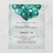 Budget Sweet 16 Silver blauwgroen glitter-uitnodig (Voorkant)