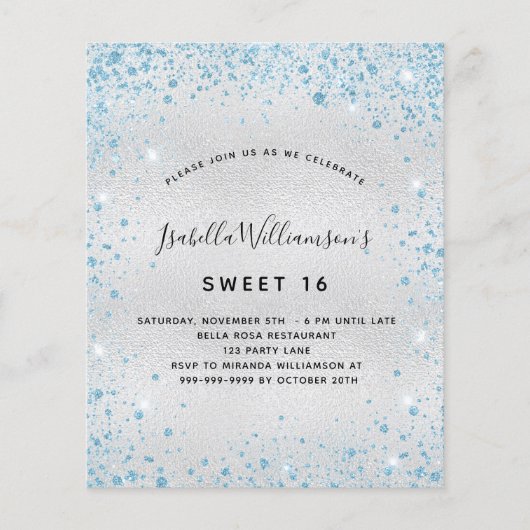 Budget Sweet 16 Silver Blue Glitter-uitnodiging (Voorkant)