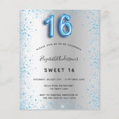 Budget Sweet 16 Silver Blue Glitter-uitnodiging (Voorkant)