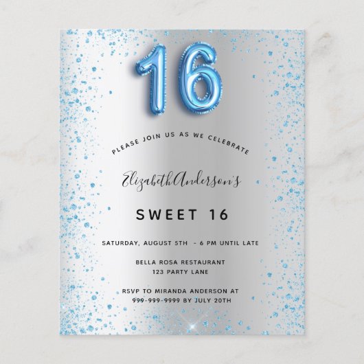 Budget Sweet 16 Silver Blue Glitter-uitnodiging (Voorkant)