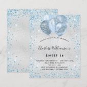 Budget Sweet 16 Silver Blue Glitter-uitnodiging (Voorkant / Achterkant)