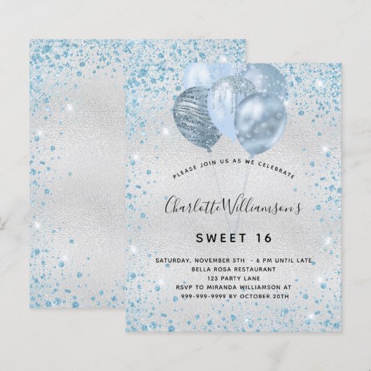 Budget Sweet 16 Silver Blue Glitter-uitnodiging (Voorkant / Achterkant)